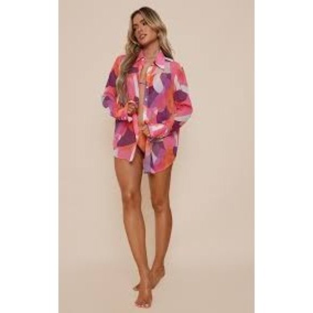 PrettyLittleThing Pink Abstract Print Women Long Sleeve ButtonUp Oversized Shirt
